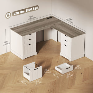 L Shaped Computer Desk with Power Outlets & USB Charging, Corner Desk with 6 Drawers, Hanging Bar, Brown and White
