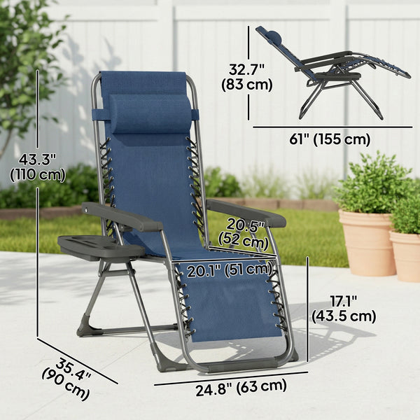 Ensemble de 2 chaises longues d'extérieur Zero Gravity, pliantes et inclinables, avec porte-gobelet et appui-tête, bleu foncé