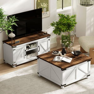 TV Stand and Coffee Table Set, TV Console Table for up to 50" TV , Center Table with Hinged Lift Top , Distressed White