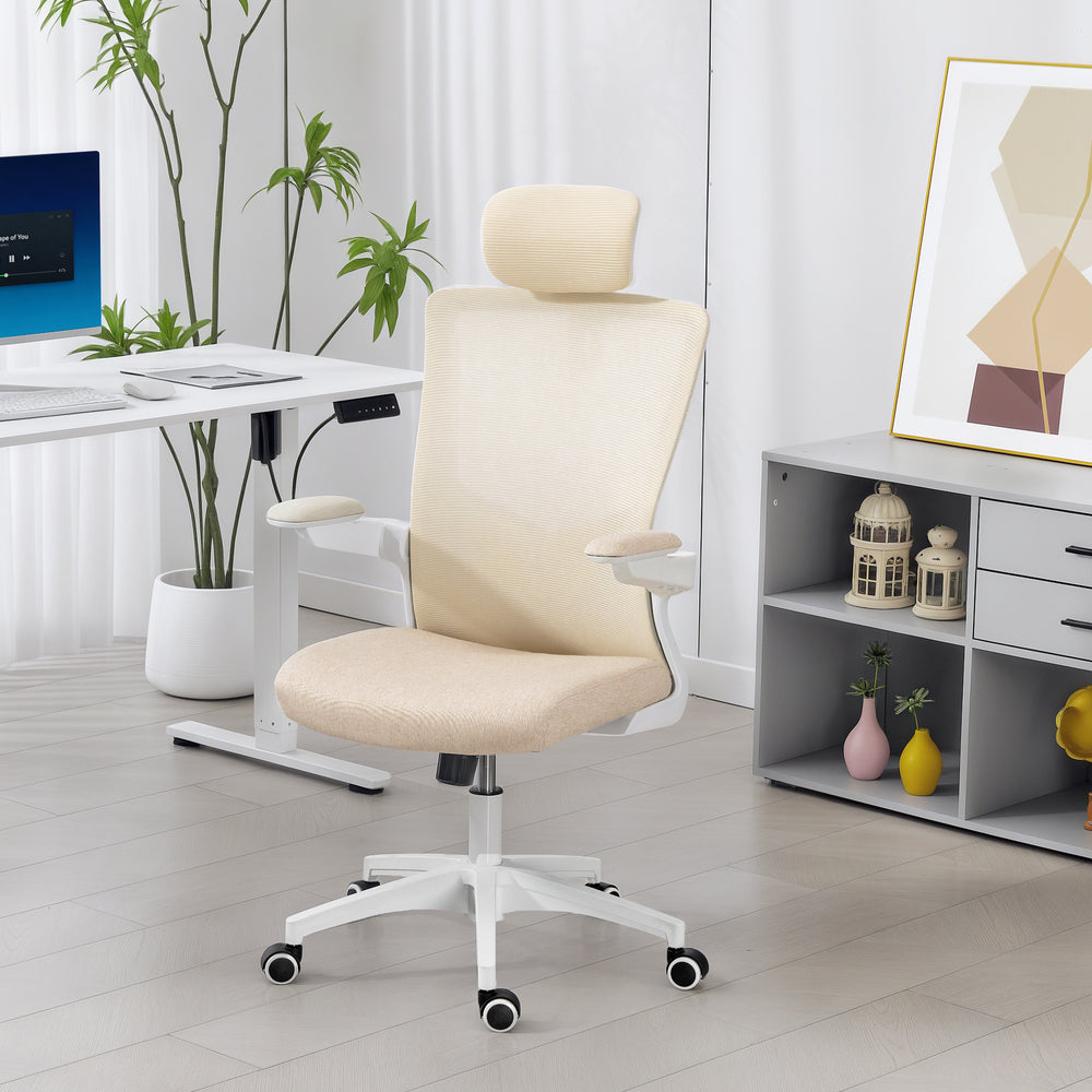 Chaise de bureau ergonomique avec soutien lombaire et appui-tête, beige