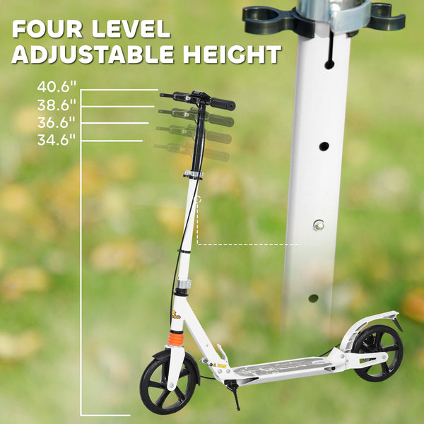 Foldable Kids Scooter, 4 Adjustable Heights, Dual Brakes &amp; Shock Absorption, for Ages 6-12, White