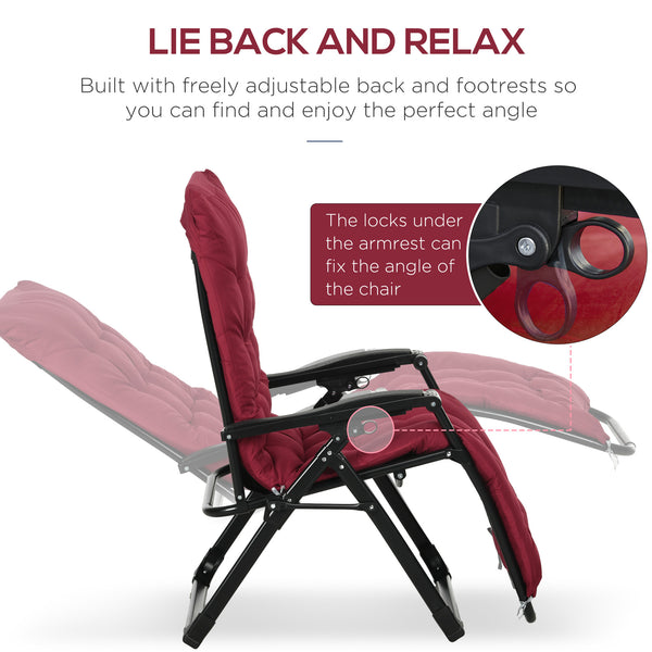 Lot de 2 chaises inclinables zéro gravité avec coussin et appui-tête, rouge vin