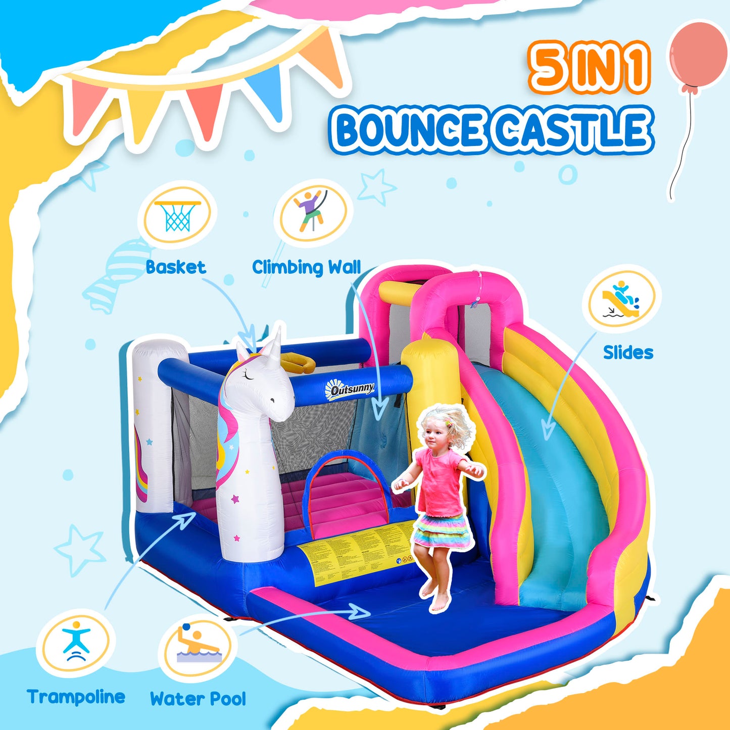 Outsunny Kids 5 in 1 Bouncy Castle, Trampoline, Slide, Pool, Climbing Wall with Inflator for Kids 3-12 Years Old, Summer, 37.5 x 21.6 x 20.5 cm, Multicolor