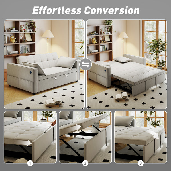 3-in-1 Convertible Sofa Bed, Pull Out Sleeper Sofa with USB Charging, Adjustable Backrest, Side Pockets, Beige