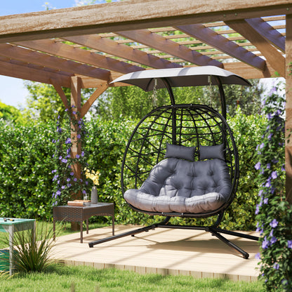 Outsunny Balancelle double en osier avec auvent, pliable et suspendue, avec appui-tête et coussin, noir