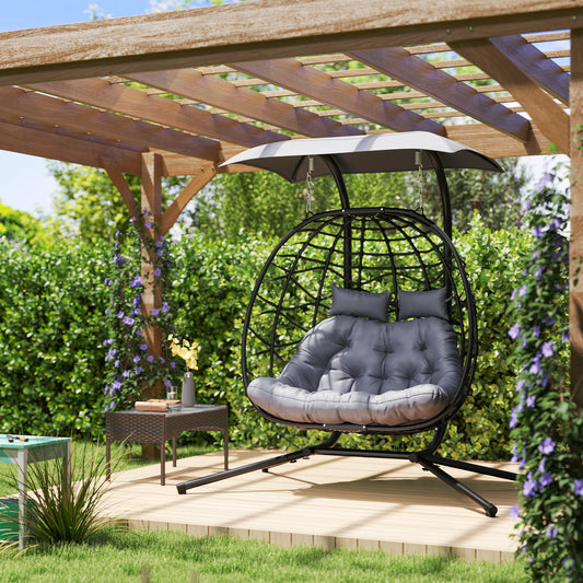 Outsunny Balancelle double en osier avec auvent, pliable et suspendue, avec appui-tête et coussin, noir