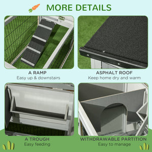 Wooden hutch with ramp, opening roof, and pull-out tray, light gray