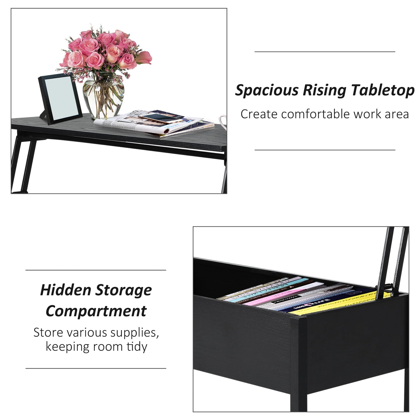 Table basse moderne 99 cm avec plateau relevable et compartiment de rangement dissimulé, noire