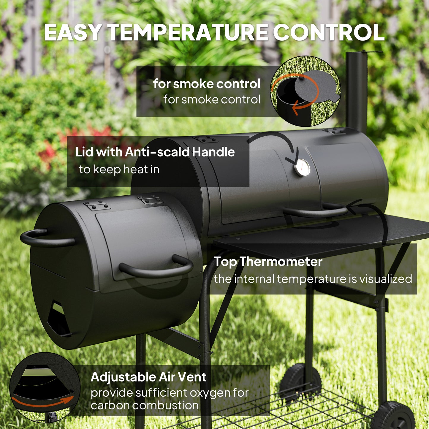 Barbecue portable à charbon de bois avec fumoir décalé, noir