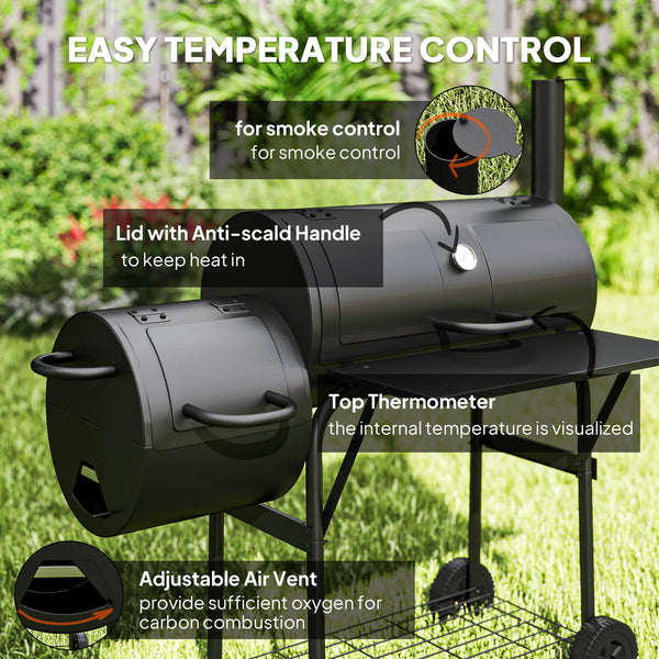 Barbecue portable à charbon de bois avec fumoir décalé, noir