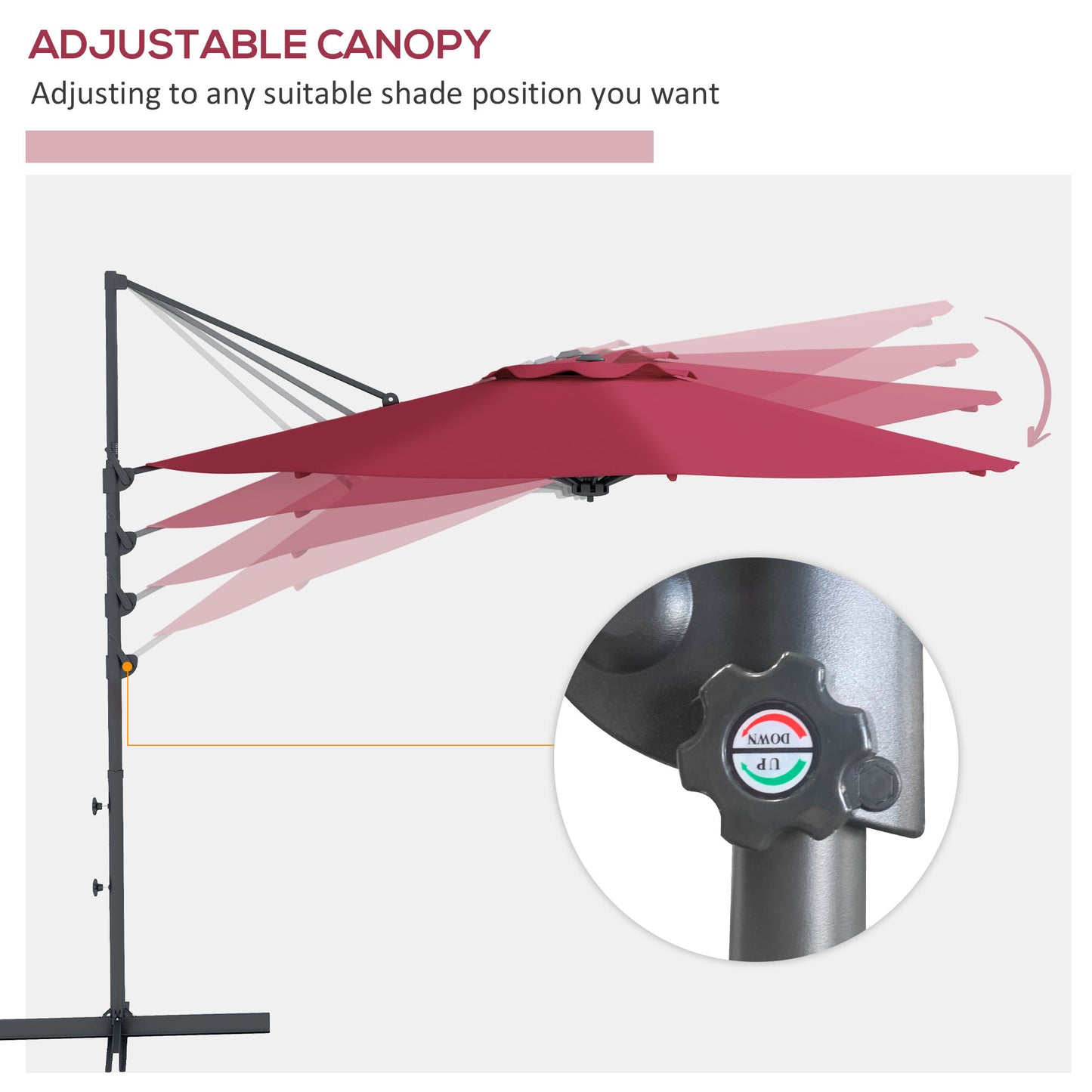 Parasol déporté 3m suspendu en aluminium avec rotation à 360°, manivelle, inclinaison, base croisée, rouge