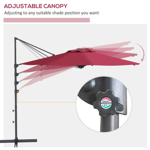 Parasol déporté 3m suspendu en aluminium avec rotation à 360°, manivelle, inclinaison, base croisée, rouge