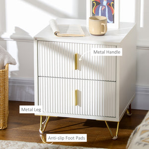 Table de chevet moderne avec 2 tiroirs et pieds en métal blanche
