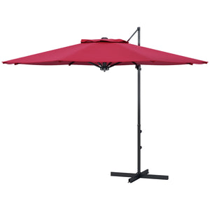 Parasol déporté 3m suspendu en aluminium avec rotation à 360°, manivelle, inclinaison, base croisée, rouge