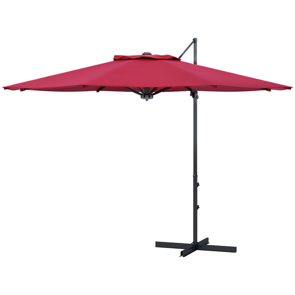 Parasol déporté 3m suspendu en aluminium avec rotation à 360°, manivelle, inclinaison, base croisée, rouge