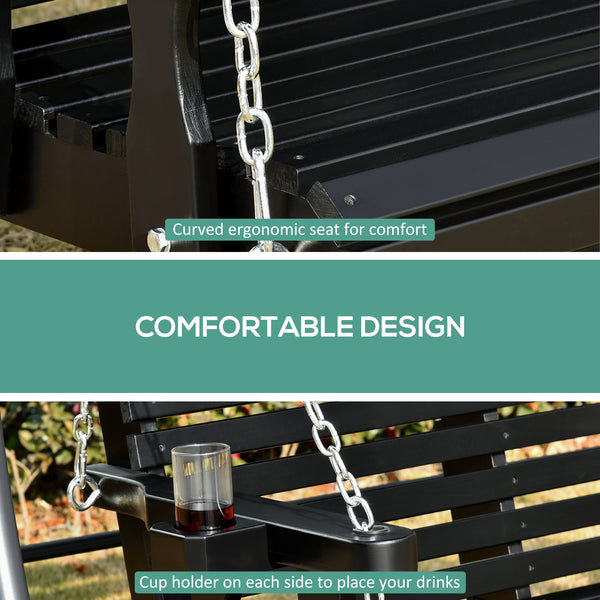 Balancelle 2 places en bois avec porte-gobelet et chaînes, noire