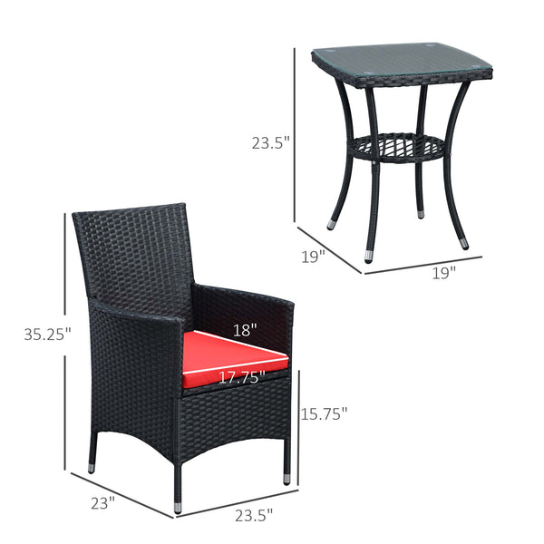 3 Pieces Wicker Patio Furniture Set, Rattan Bistro Set with Glass Top Coffee Table and Cushions, Outdoor Conversation Set for Garden, Porch, Balcony, Red