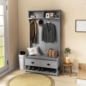 Meuble d'entrée avec banc et rangement à chaussures, banc d'entrée avec 4 crochets, 2 tiroirs, 2 étagères, gris