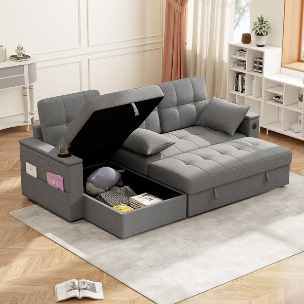Canapé-lit sectionnel convertible avec port USB-A+C, gris