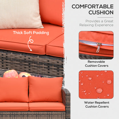Outsunny 6 Piece Wicker Garden Furniture Set with Cushions, 7 Seater Rattan Garden Sofa with Storage Table, Orange