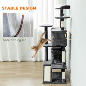 Arbre à chat à plusieurs niveaux avec griffoirs, niches, couchage, plateformes, rampe et balle, gris foncé