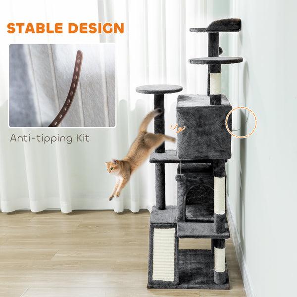 Arbre à chat à plusieurs niveaux avec griffoirs, niches, couchage, plateformes, rampe et balle, gris foncé