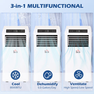 Climatiseur portable 8 000 BTU, déshumidificateur, ventilateurs à 2 vitesses, minuterie 24 h, blanc