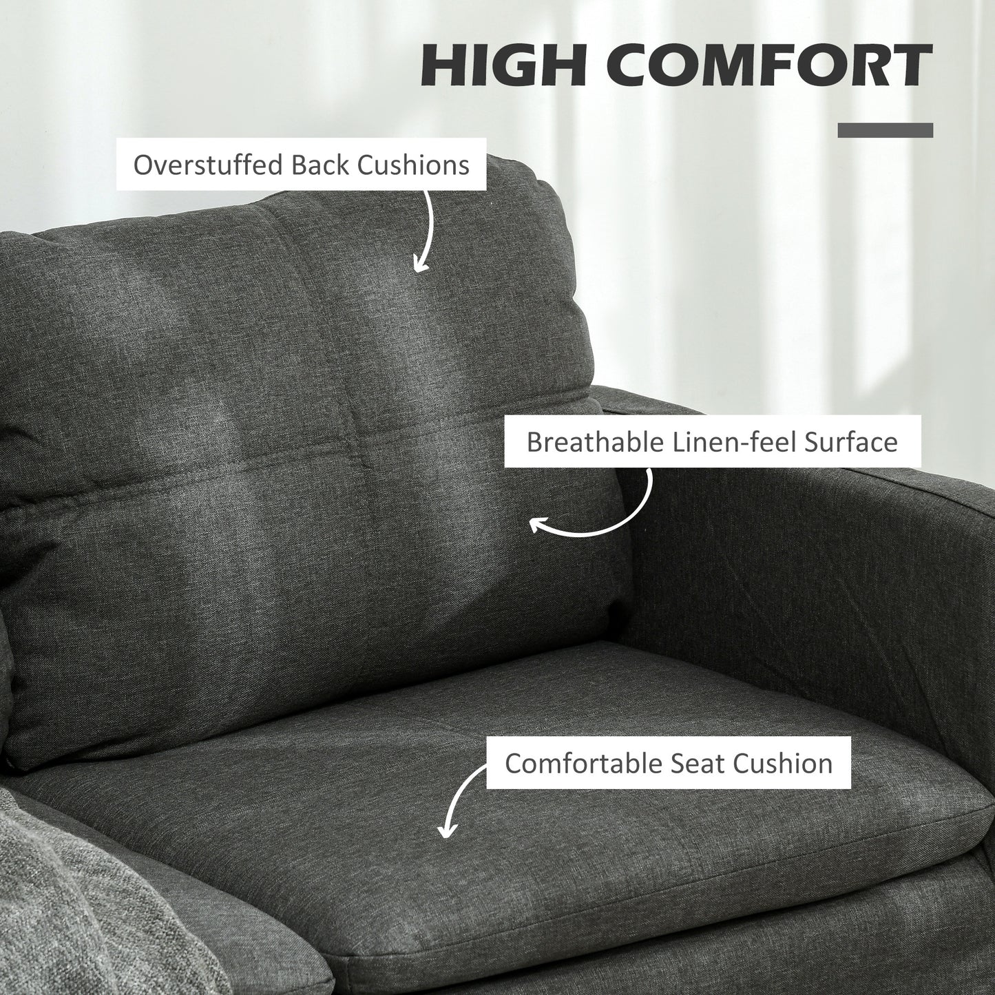 Upholstered 2 seater sofa with sturdy steel legs, dark grey