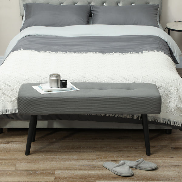 Banc ottoman rembourré en velours côtelé avec pieds en acier, gris