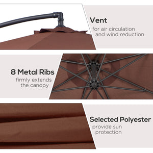 Parasol de terrasse Deluxe 3 m déporté suspendu avec manivelle, base en croix, couleur café