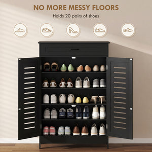 Shoe cabinet with louvered doors with drawer and adjustable shelves, black