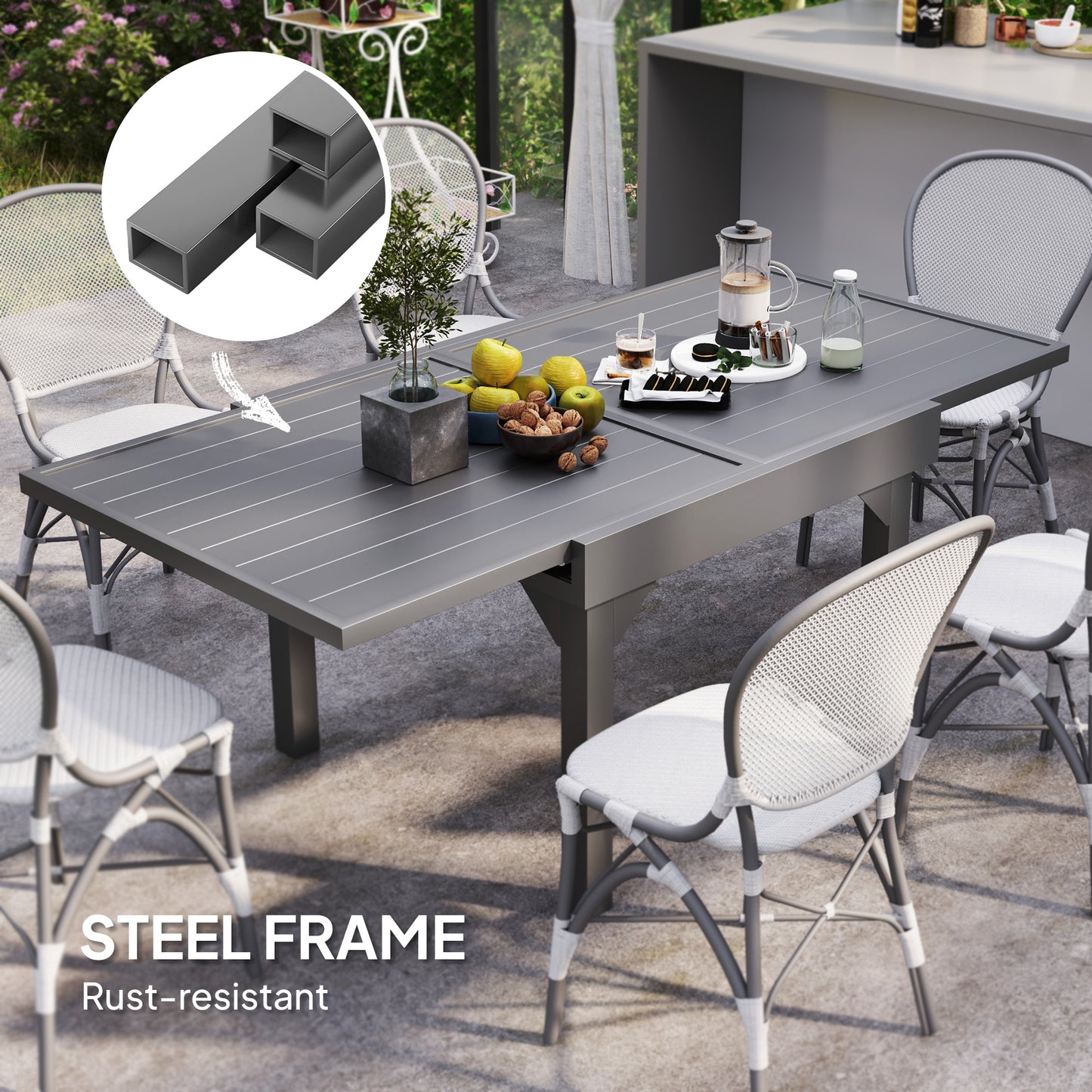 Table de salle à manger d'extérieur extensible en aluminium, gris