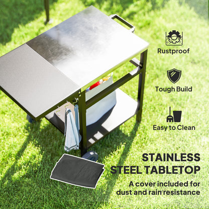 Outsunny Outdoor Kitchen Prep Station with Stainless Steel Top and Foldable Side Table, Pizza Oven Table Outdoor Prep Table with Hooks Shelf, Movable BBQ Table with Cover, Black |