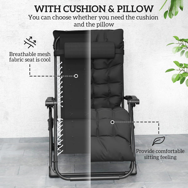 Folding Garden Chair, Reclining Zero Gravity Chair, Sun Lounger with Cushion and Headrest, Black