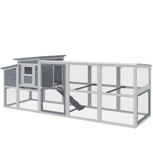 Large wooden chicken coop with covered run, nesting box, removable tray, and asphalt roof