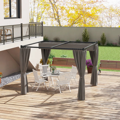 Pergola rétractable 10' x 10', abri de jardin avec rideaux, gris clair