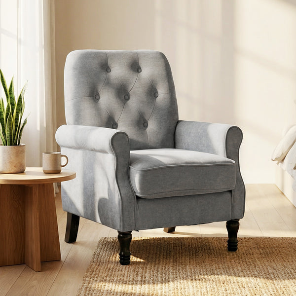 Mid-century modern accent chair with thick padded seat, spring cushion, solid wood legs, gray