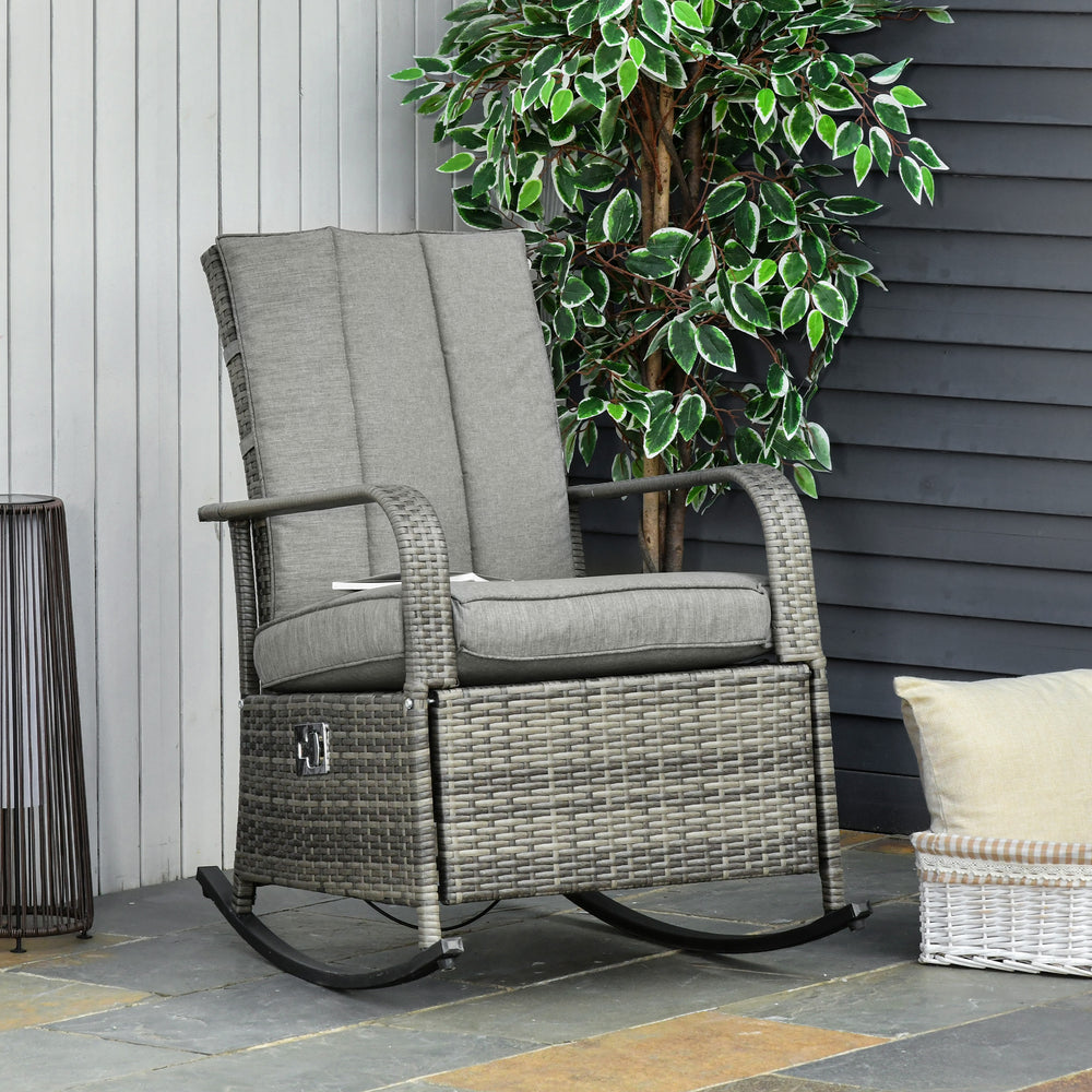 Outdoor Wicker Rocking Chair with Cushion, Patio PE Rattan Recliner Chair with Adjustable Footrest, Armrests, Mixed Grey