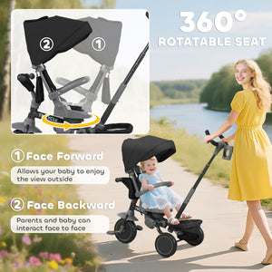 6 in 1 Toddler Tricycle for 1-5 Years Old with Push Handle, Removable Canopy, Swivel Seat, Black