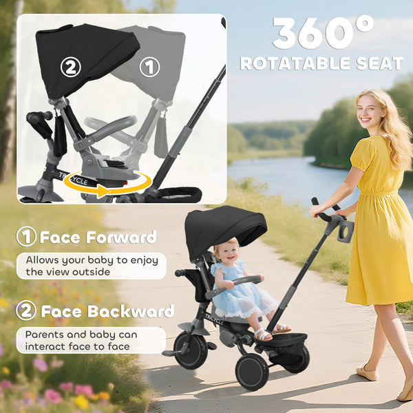6 in 1 Toddler Tricycle for 1-5 Years Old with Push Handle, Removable Canopy, Swivel Seat, Black