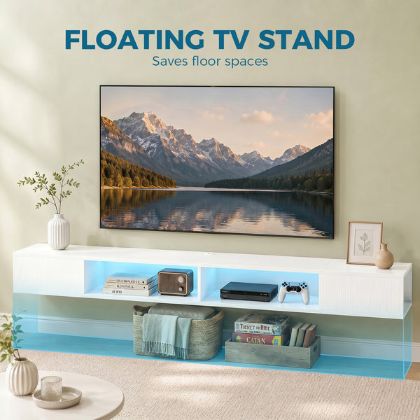 TV Stand with RGB LED Lights, Entertainment Center with Open Shelves for 75 Inch TV, White