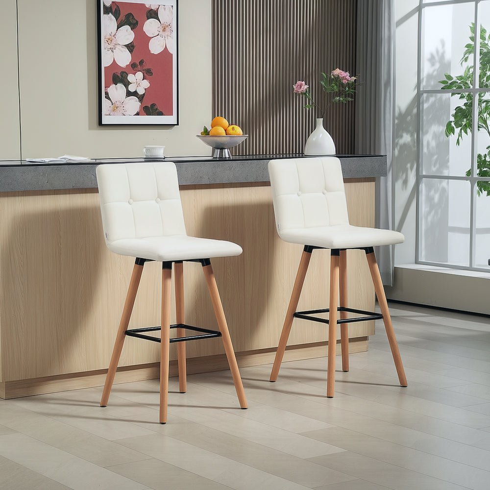Lot de 2 tabourets de bar rembourrés, pieds en bois massif, blanc