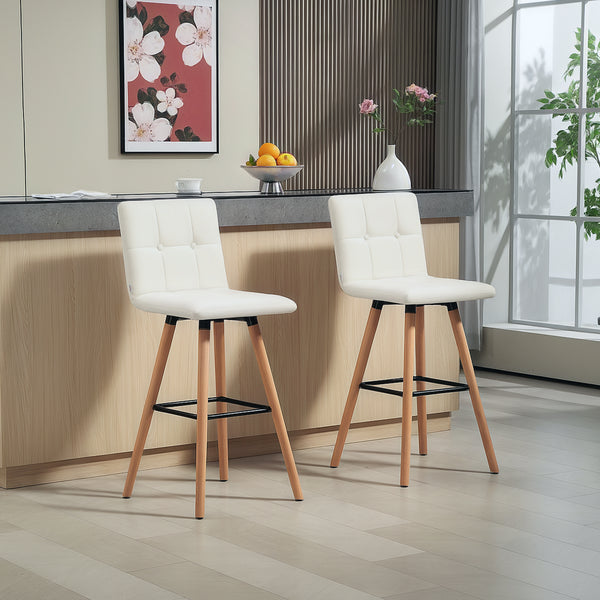 Lot de 2 tabourets de bar rembourrés, pieds en bois massif, blanc