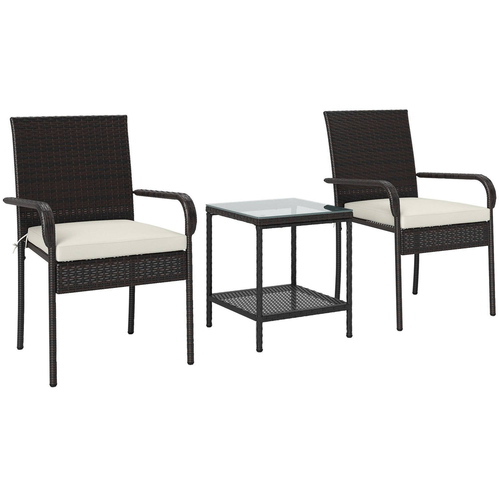 Ensemble de meubles de jardin 3 pièces en osier marron avec chaises empilables, coussins lavables et plateau en verre trempé