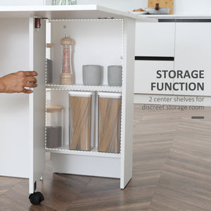 Table de salle à manger extensible avec étagères à 2 niveaux et roulettes, blanche