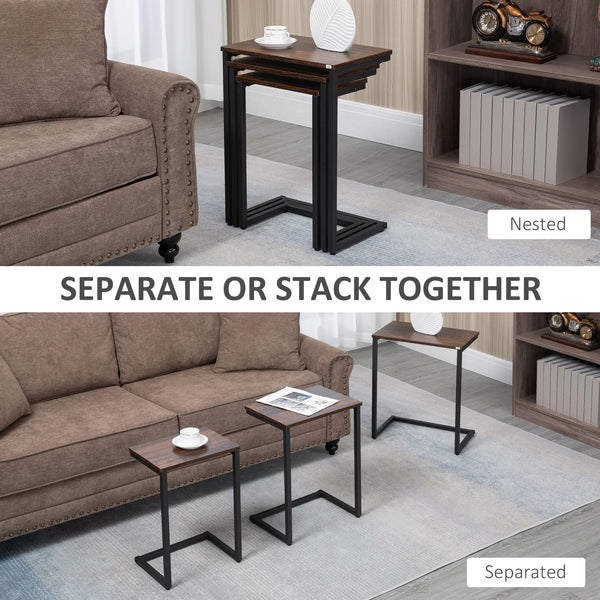 Lot de 3 tables d'appoint gigognes en forme de C avec cadre en acier, marron rustique