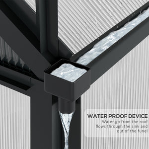 Polycarbonate greenhouse with gutter, vents and sliding door