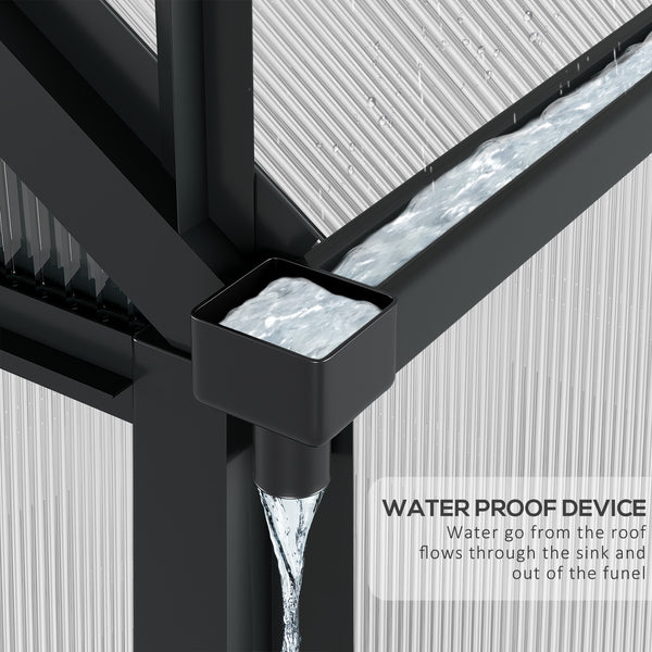 Polycarbonate greenhouse with gutter, vents and sliding door