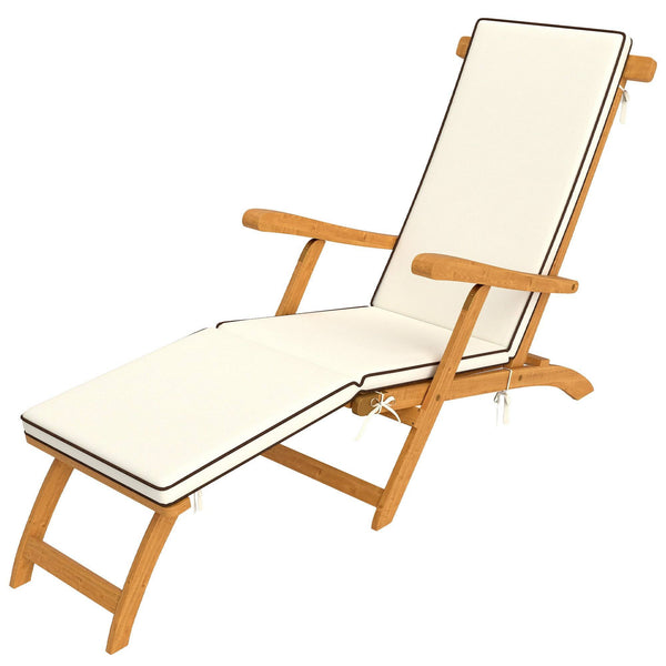 Chaise longue pliante avec coussin rembourré, inclinable en bois d'acacia avec repose-pieds pour jardin, blanc