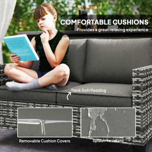 Two-seater outdoor rattan sofa with cushions and armrests, dark grey